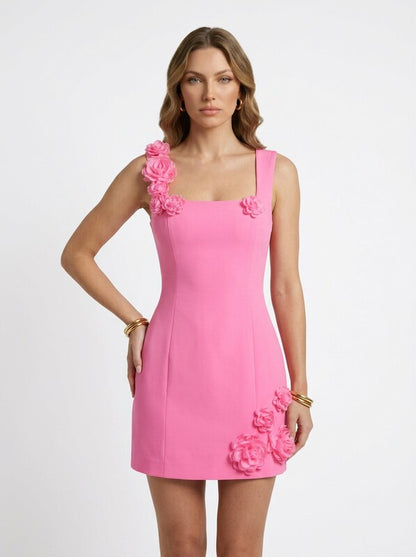 Pink Floral Appliqué Summer Cocktail Mini Dress