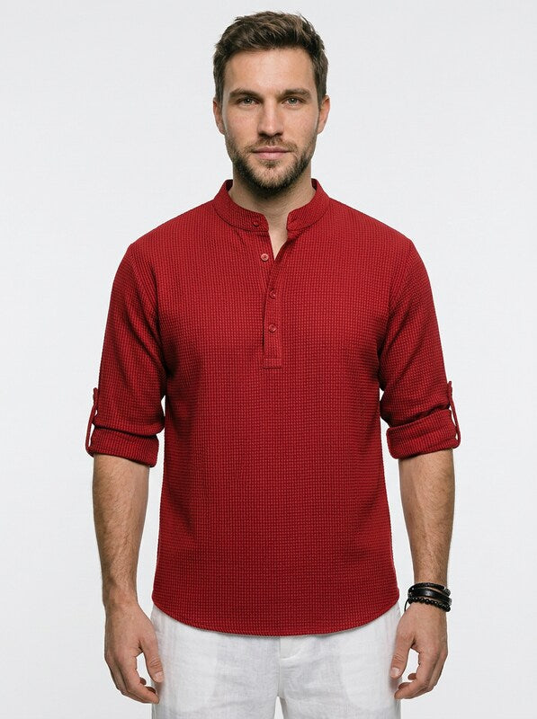 Men’s Long Sleeve Henley Stand Collar Button Shirt