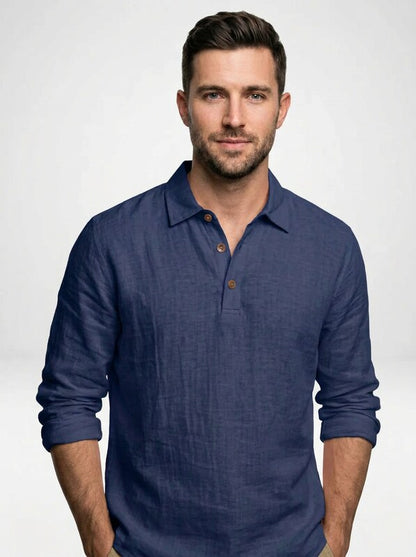 Men’s Linen Long Sleeve Polo Shirt with Relaxed Fit