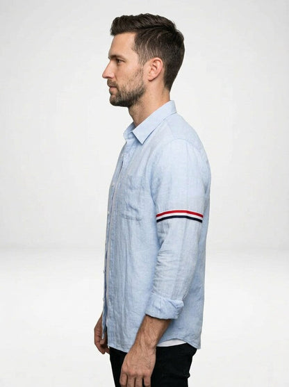 Men’s Minimal Linen Button Down Shirt with Contrast Sleeve Stripes