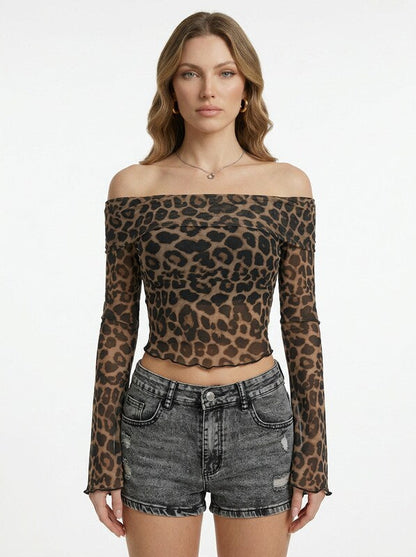 Women's Off Shoulder Leopard Print Mesh Puff Sleeve Cropped Shirt