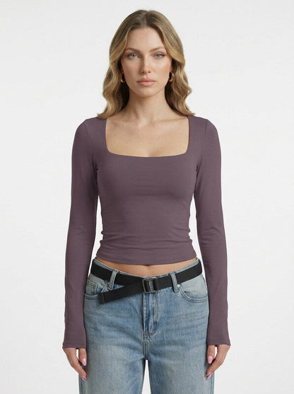 Women's Fitted Long Sleeve Square Neck Knit Top