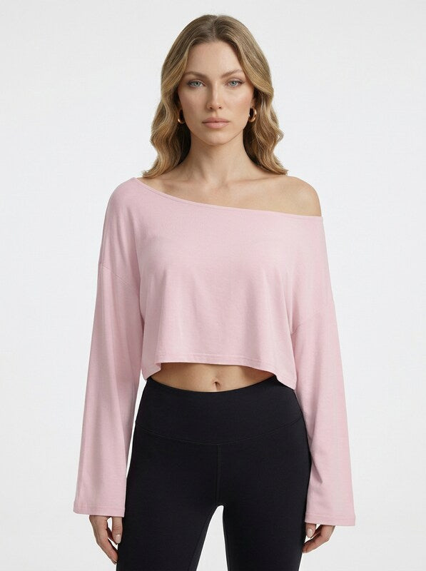 Women's Minimalist Batwing Sleeve Cold Shoulder Crop Blouse