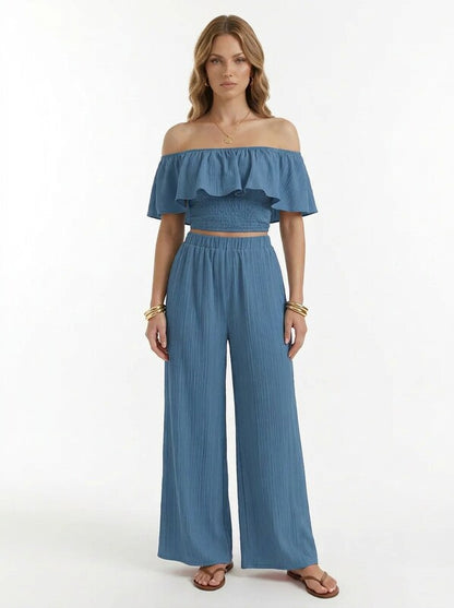 Women's Off Shoulder Ruffle Top & Wide Leg Pants Two Piece Set