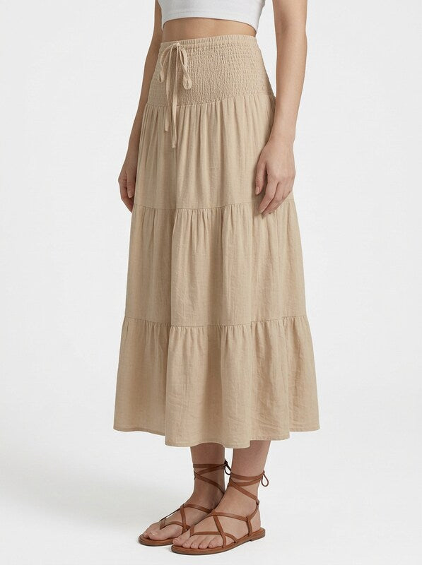 Tiered Drawstring Waist Midi Skirt