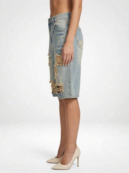 Denim Shorts for Women Distressed Bermuda Length Straight Leg