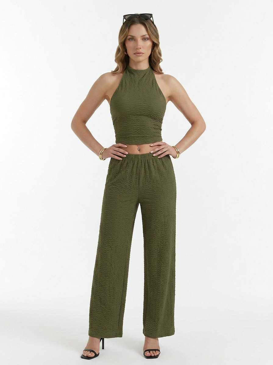 Halter Crop Top & Wide Leg Pants Two Piece Set