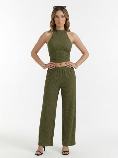 Halter Crop Top & Wide Leg Pants Two Piece Set