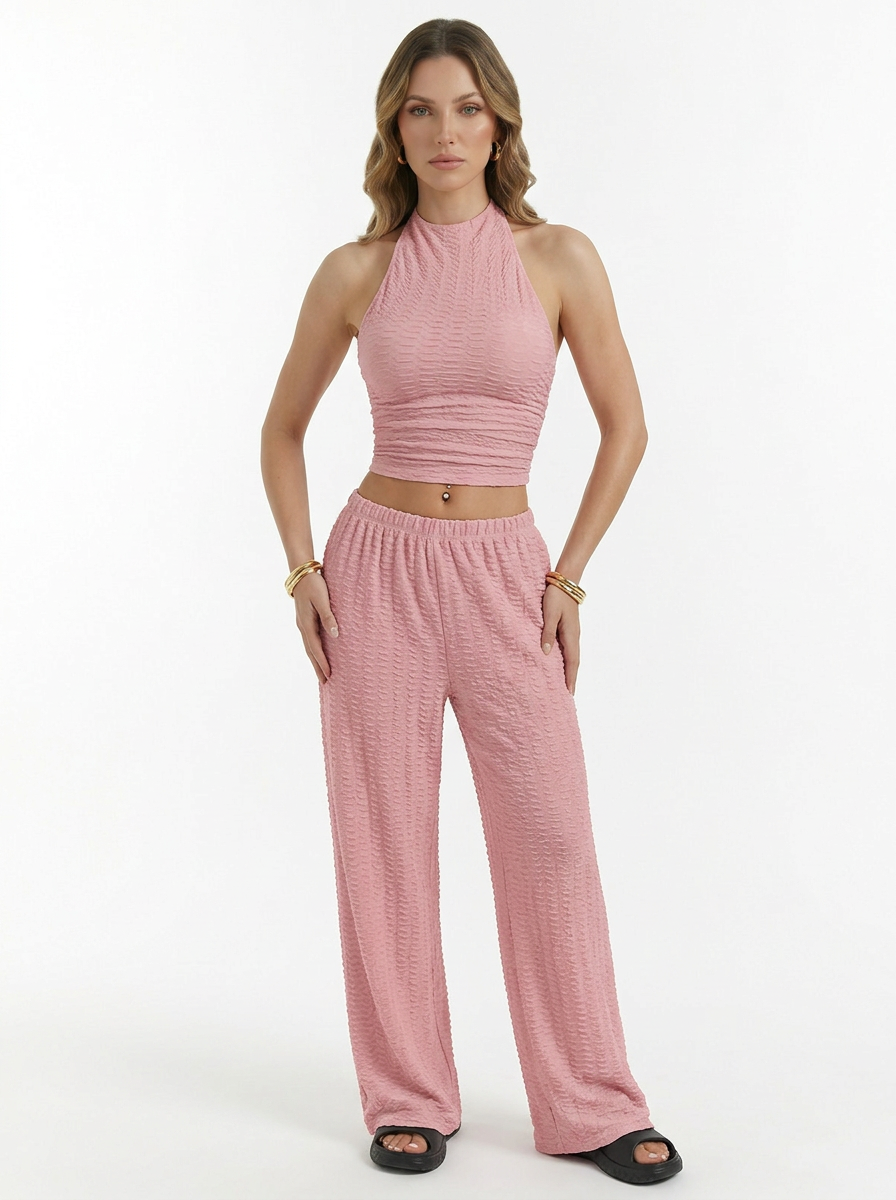 Halter Crop Top & Wide Leg Pants Two Piece Set