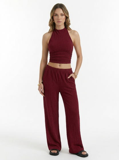 Halter Crop Top & Wide Leg Pants Two Piece Set