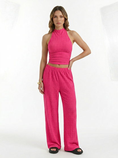 Halter Crop Top & Wide Leg Pants Two Piece Set