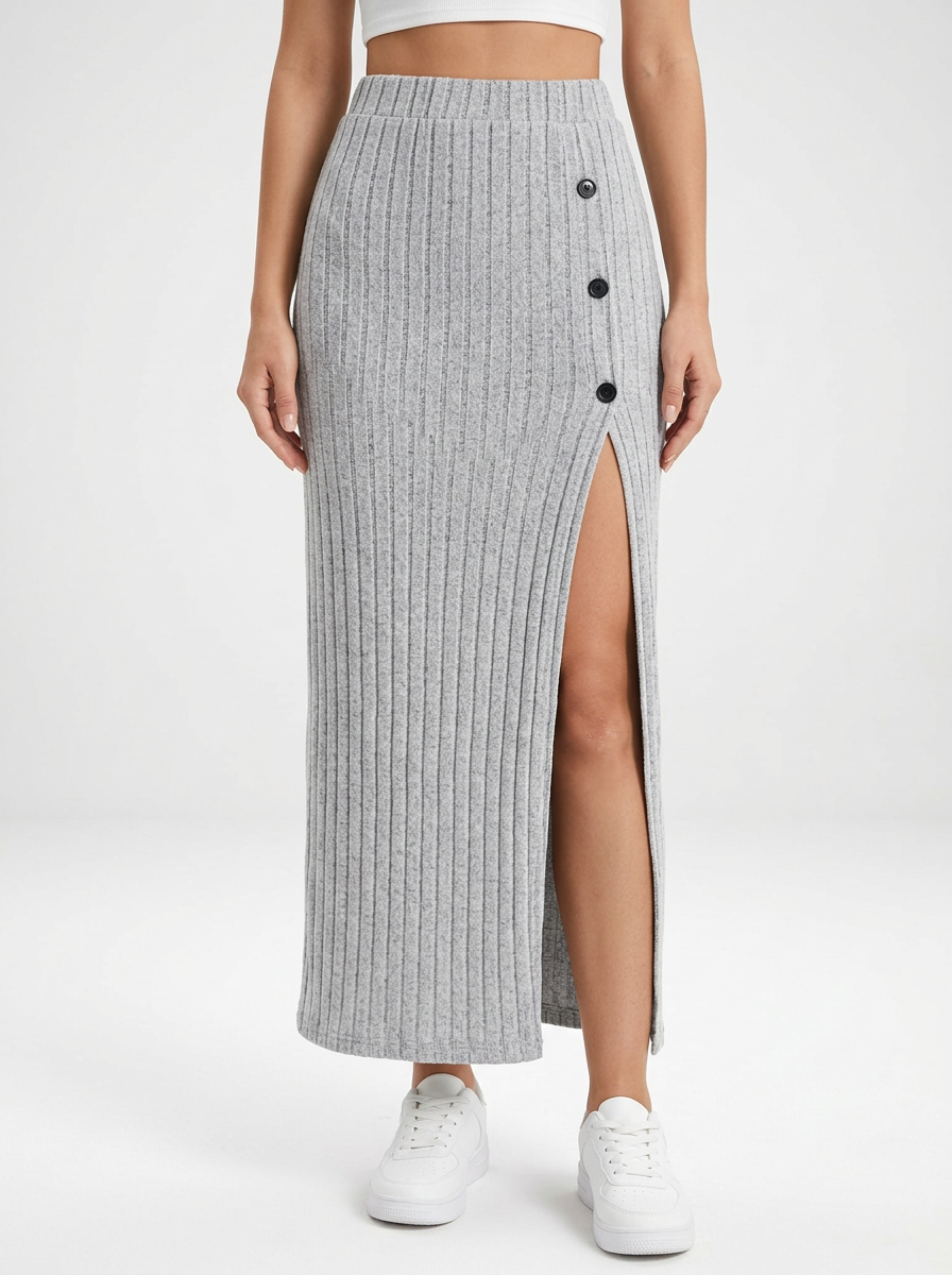 Ribbed Maxi Skirt with Side Slit