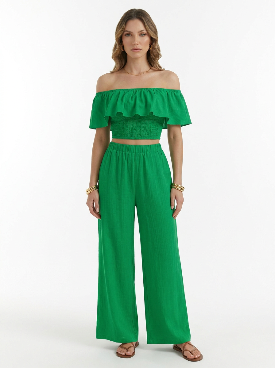 Women's Off Shoulder Ruffle Top & Wide Leg Pants Two Piece Set