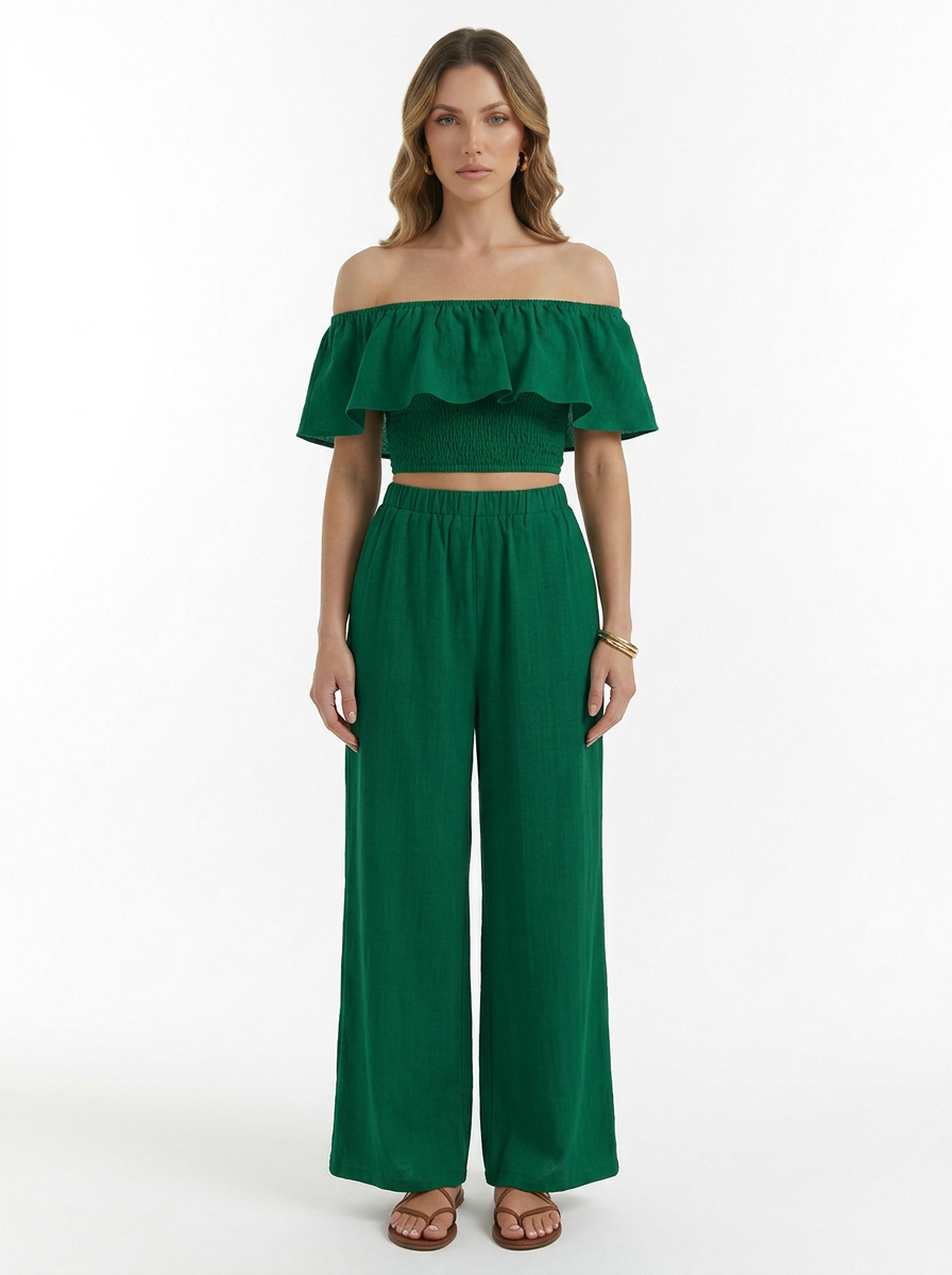 Women's Off Shoulder Ruffle Top & Wide Leg Pants Two Piece Set