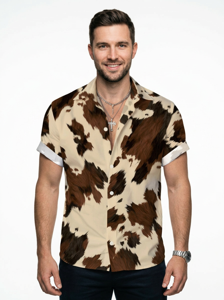 Men’s Cow Print Short Sleeve Button Up Western Cowboy Shirt