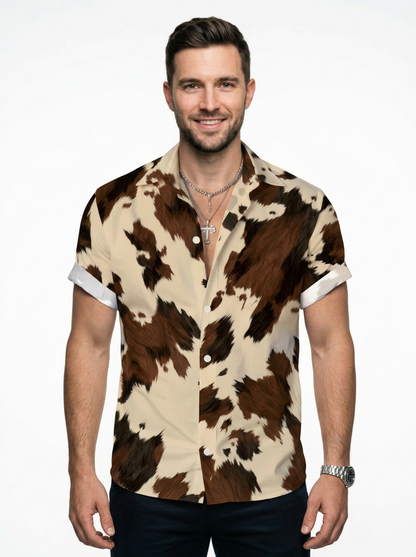 Men’s Cow Print Short Sleeve Button Up Western Cowboy Shirt