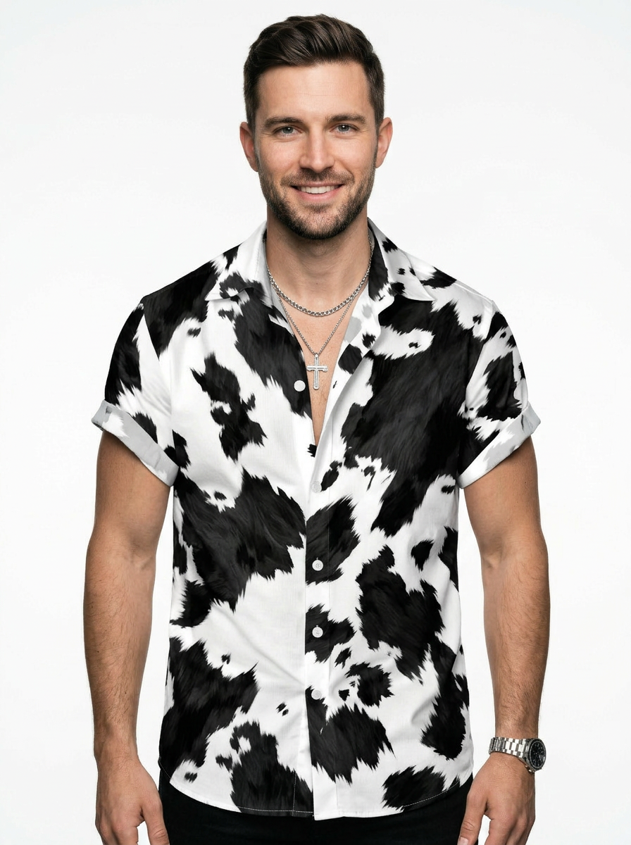 Men’s Cow Print Short Sleeve Button Up Western Cowboy Shirt