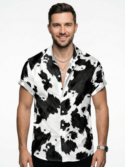 Men’s Cow Print Short Sleeve Button Up Western Cowboy Shirt