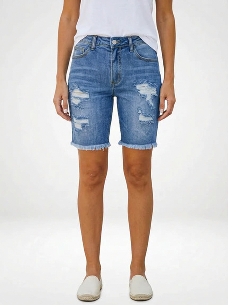 Mid-Waist Denim Jeans Shorts for Women Raw Edge Hem
