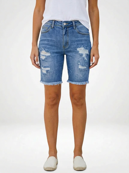 Mid-Waist Denim Jeans Shorts for Women Raw Edge Hem