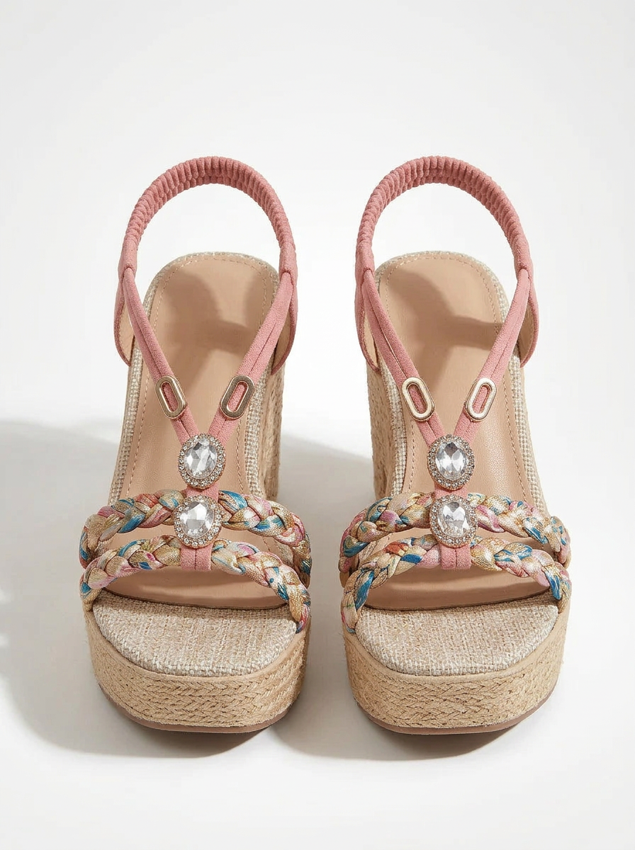 Beaded Cross Strap Platform Wedge Sandals