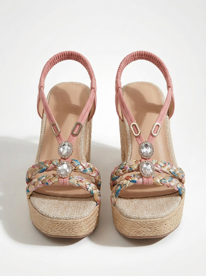 Beaded Cross Strap Platform Wedge Sandals