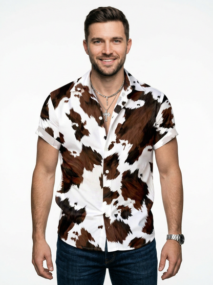 Men’s Cow Print Short Sleeve Button Up Western Cowboy Shirt