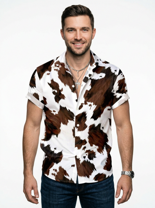Men’s Cow Print Short Sleeve Button Up Western Cowboy Shirt