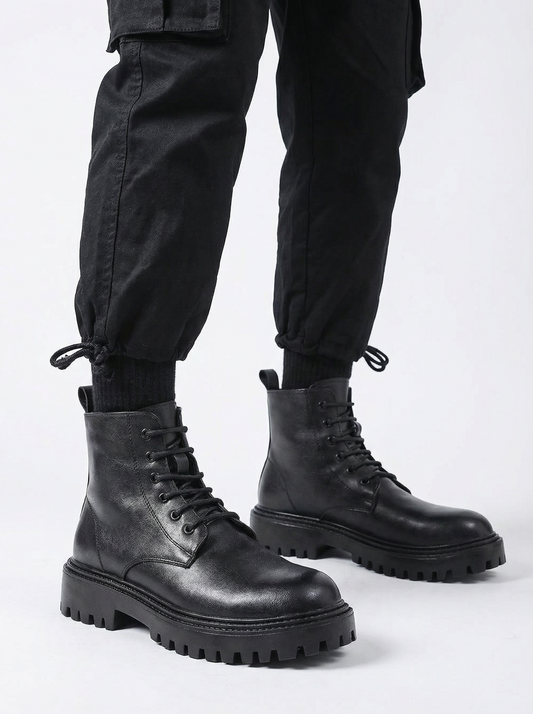 Men’s Black Mid Top Lace Up Leather Combat Boots