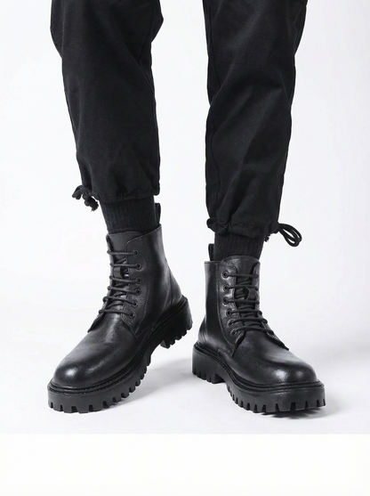 Men’s Black Mid Top Lace Up Leather Combat Boots