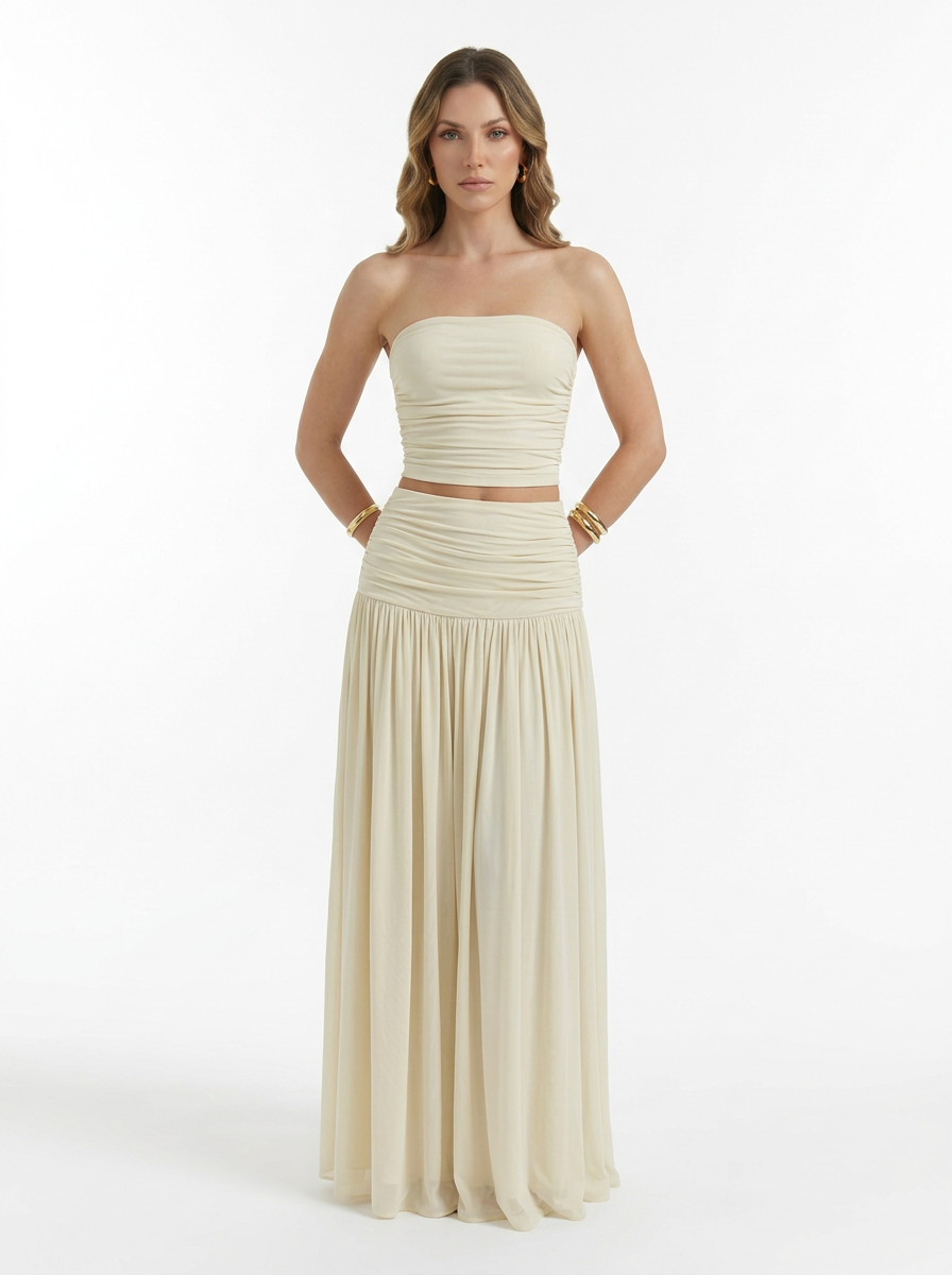 Strapless Bandeau Top & Pleated Skirt Two Piece Set