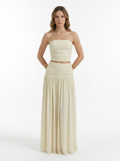 Strapless Bandeau Top & Pleated Skirt Two Piece Set