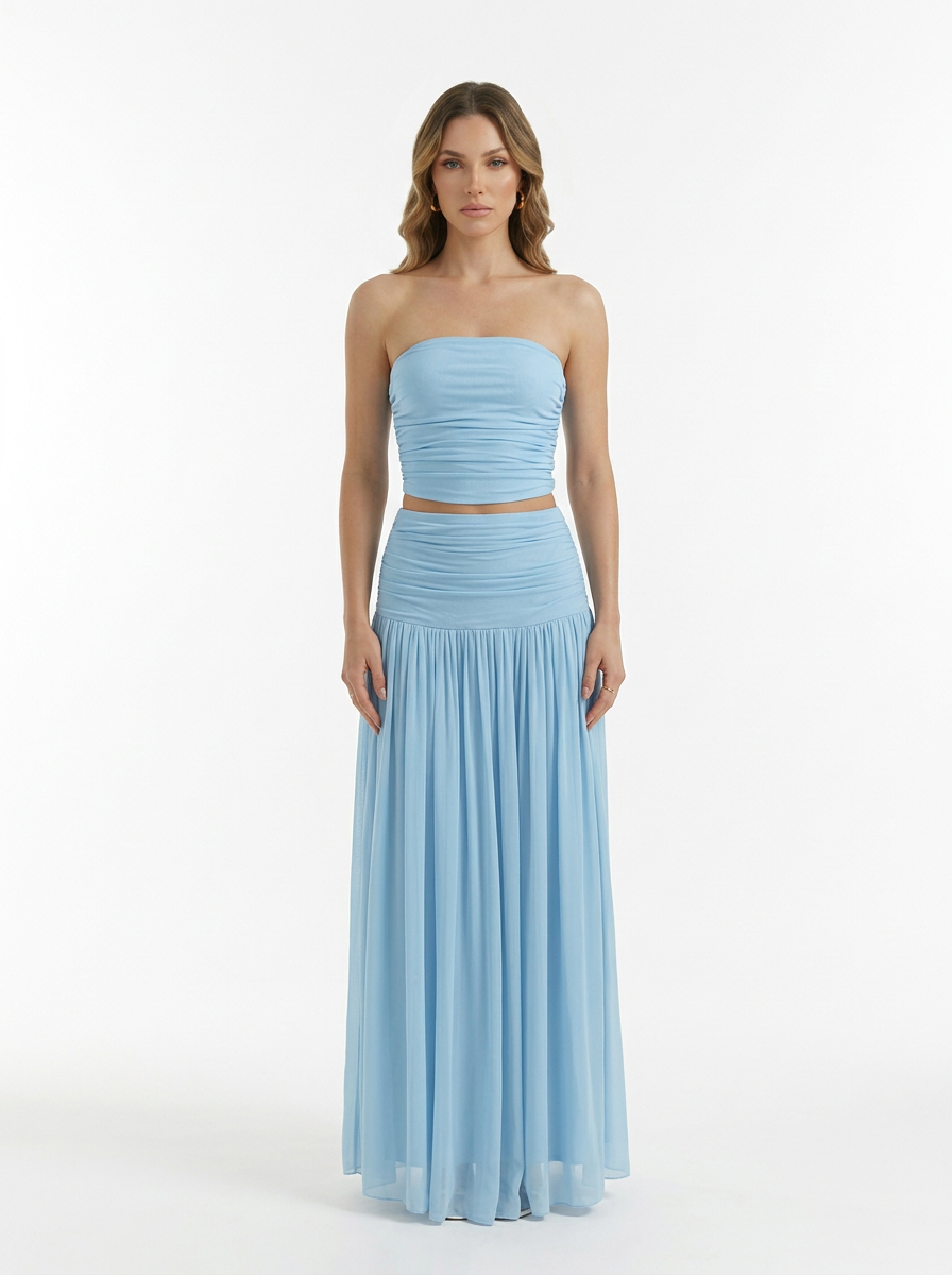 Strapless Bandeau Top & Pleated Skirt Two Piece Set